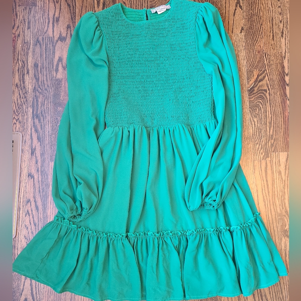 A. Calin by Flying Tomato Green Smocked Dress Long Sleeve Ruffle S